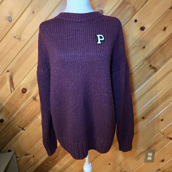 VICTORIA'S SECRET PINK MAROON CHUNKY KNIT BOYFRIEND PULLOVER‎ SWEATER MEDIUM - Picture 1 of 7